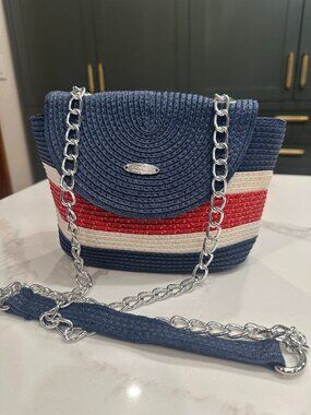 Cappelli Straworld Woven Red, White & Blue Handbag with Silver Strap